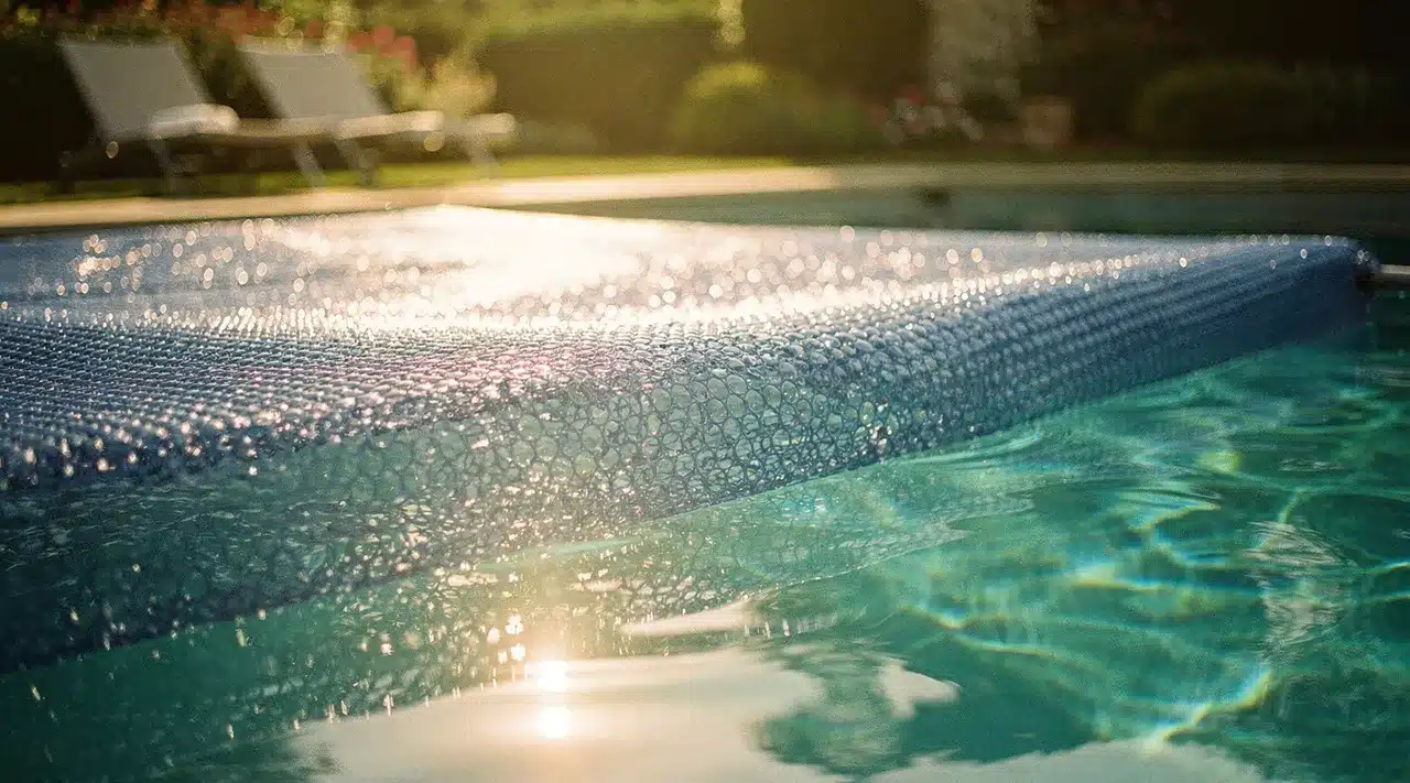 Bâche à bulles bleue flottant sur une piscine, protection thermique et anti-évaporation