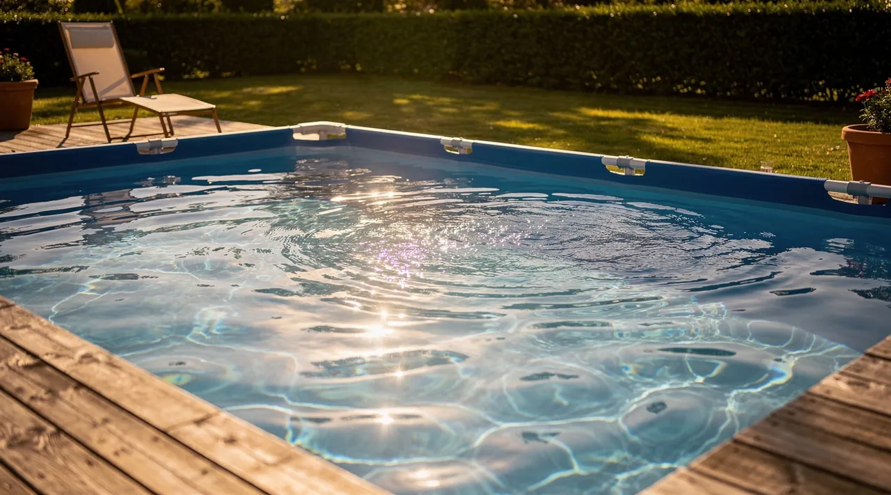Piscine tubulaire rectangulaire Intex dans un jardin ensoleillé