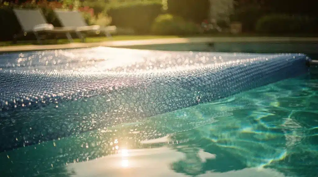 Bâche à bulles bleue flottant sur une piscine, protection thermique et anti-évaporation
