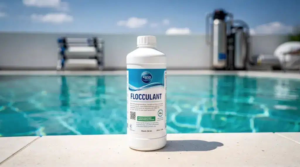 Flacon de floculant pour piscine devant une eau cristalline