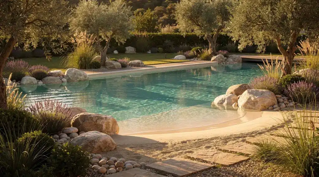 Piscine lagon avec plage immergée et eau turquoise dans un jardin paysager