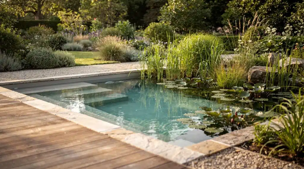 Piscine naturelle intégrée dans un jardin avec zone de baignade et plantes filtrantes