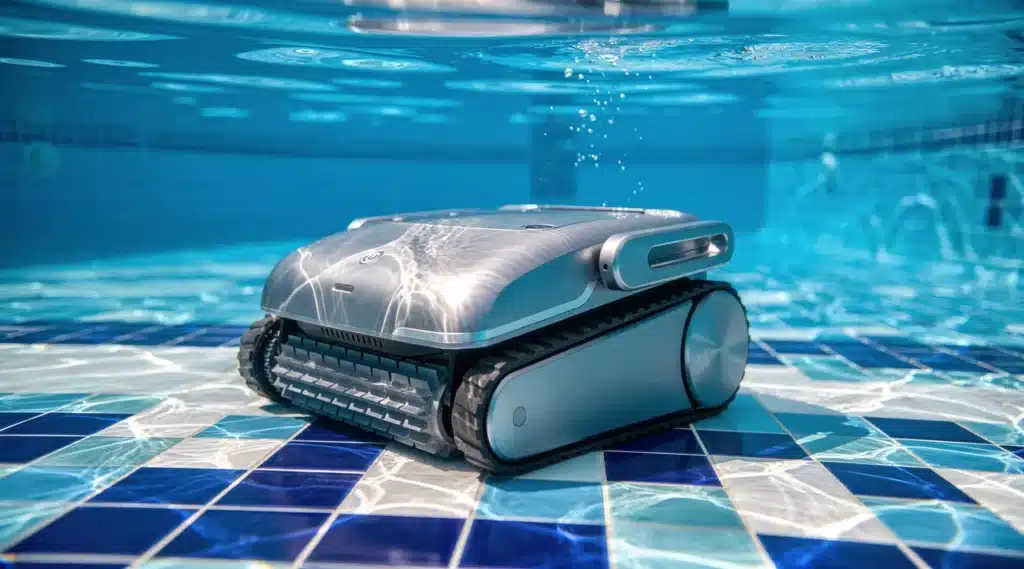 Robot de piscine sans fil nettoyant le fond d'une piscine à l'eau cristalline