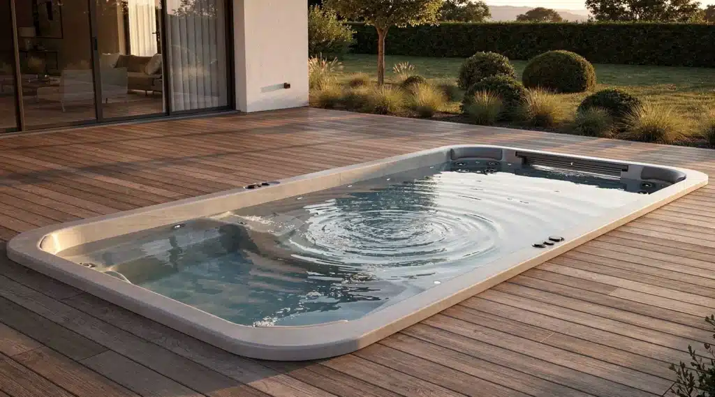Spa de nage extérieur installé sur une terrasse avec bassin allongé, jets de nage et espace détente